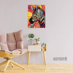 "Artery8 Zebra Colourful Rainbow Stripes Portrait Canvas Wall Art Print in Orange - Size: W18"" x H24""" - thumbnail 3