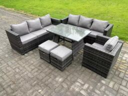 Fimous 9 Seater Wicker PE Rattan Garden Dining Set Outdoor Furniture Sofa with Patio Dining Table Armchair in Dark Grey - thumbnail 2