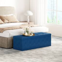MCC Direct 110cm Large Rectangular Ottoman Foldable Storage Bench Upholstered in Blue - thumbnail 2