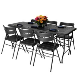 Novecrafto 6ft Folding Table & 6 Folding Chairs Set - Camping Table & Chairs in Black