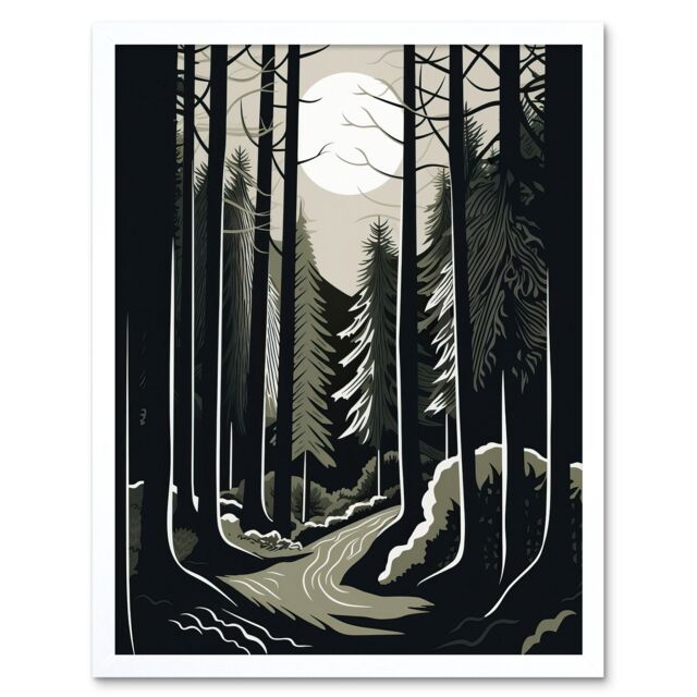 "Artery8 Wall Art Print Full Moon Night at Pine Forest Landscape Linocut Art Framed in White - Size: W12"" x H16""" - image 1