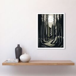 "Artery8 Wall Art Print Full Moon Night at Pine Forest Landscape Linocut Art Framed in White - Size: W12"" x H16""" - thumbnail 2