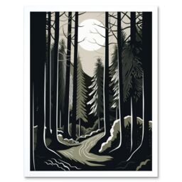 "Artery8 Wall Art Print Full Moon Night at Pine Forest Landscape Linocut Art Framed in White - Size: W12"" x H16""" - thumbnail 1