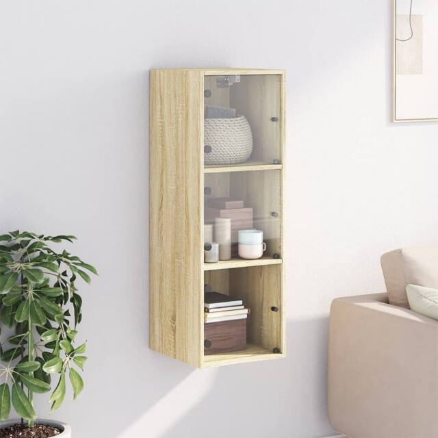 Berkfield Home Wall Cabinet with Glass Doors Sonoma Oak 35x37x100 cm in Light Tan - Size: 35 x 37 x 100 cm - image 1