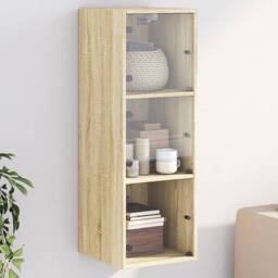 Berkfield Home Wall Cabinet with Glass Doors Sonoma Oak 35x37x100 cm in Light Tan - Size: 35 x 37 x 100 cm - thumbnail 2