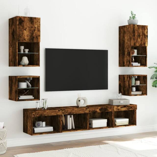 Berkfield Home Versatile 8 Piece TV Wall Units with LED Smoked Oak Engineered Wood in Brown - image 1