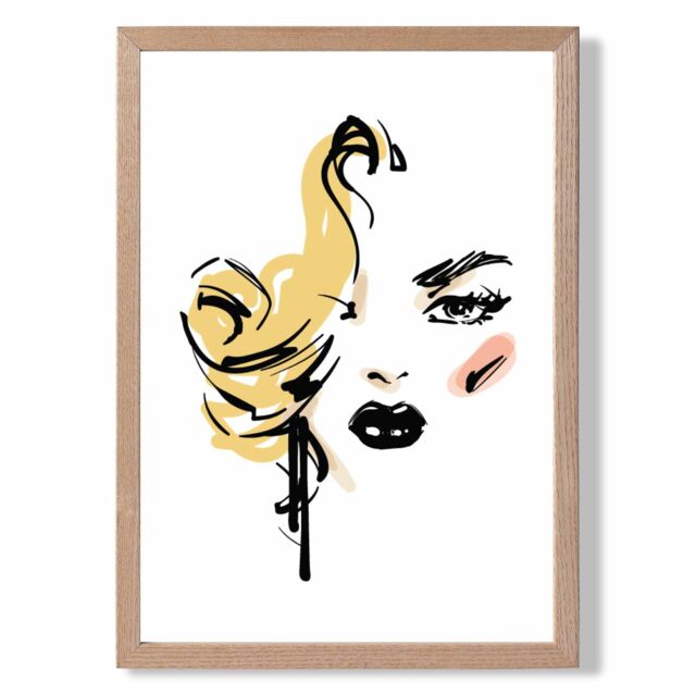 ARTZE Fashion Face Pen & Ink Sketch Framed Print SIZE: A4 with Oak Frame in Yellow - image 1