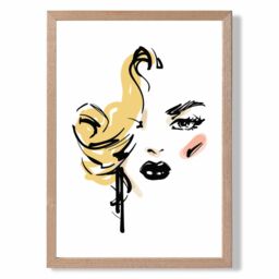 ARTZE Fashion Face Pen & Ink Sketch Framed Print SIZE: A4 with Oak Frame in Yellow