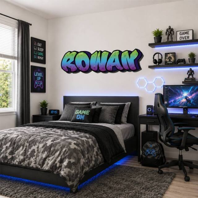 60 SECOND MAKEOVER Personalised Graffiti Name Purple Green Blue Wall Sticker Decal 100cm - image 1