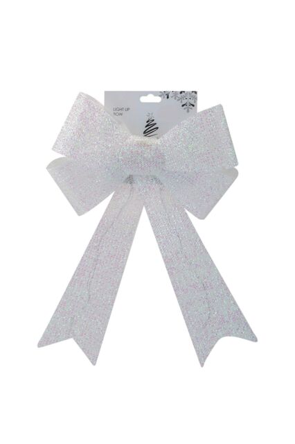 VFM e-Store Tinsel Bow light Up Christmas Decoration X 1 29cm x 43cm x 10cm White - Size: 29 cm x 43 cm x 10 cm - image 1
