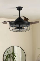 Living and Home 3 Blade Caged Farmhouse Style Fan Ceiling Light in Black - thumbnail 1