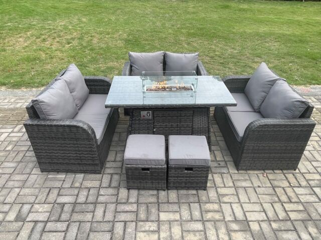 Fimous 8 Seater Outdoor Rattan Furniture Garden Dining Set Gas Fire Pit Table with 2 Small Footstools Love Sofa Dark Grey Mixed - image 1