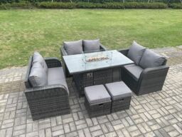 Fimous 8 Seater Outdoor Rattan Furniture Garden Dining Set Gas Fire Pit Table with 2 Small Footstools Love Sofa Dark Grey Mixed - thumbnail 3