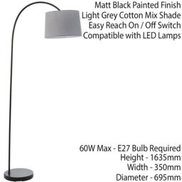Loops 1.6m Curved Floor Lamp Matt Black & Grey Shade Free Standing Living Room Light - thumbnail 2