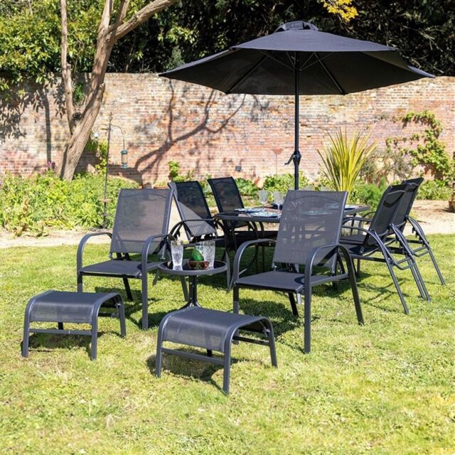 Hectare 6 Seater Dining Set With Parasol Reclining Chairs Glass Table in Black - image 1