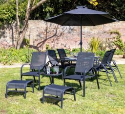 Hectare 6 Seater Dining Set With Parasol Reclining Chairs Glass Table in Black - thumbnail 2