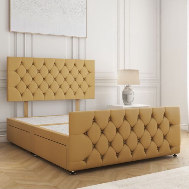 "BSSPOKE Maya Plush Velvet Divan Bed 24"" Headboard & No Mattress No Drawers in Mustard - Size: Small Double" - image 1