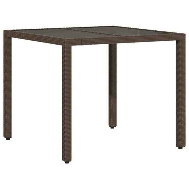 Berkfield Home Garden Table with Glass Top Brown 90x90x75 cm Poly Rattan - Size: 90 x 90 x 75 cm - image 1
