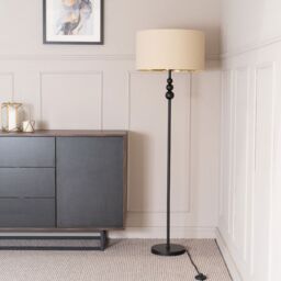 ValueLights Marissa Beige & Metallic Gold Shade with Black Stacked Ball Floor Lamp - thumbnail 3
