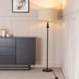 ValueLights Marissa Beige & Metallic Gold Shade with Black Stacked Ball Floor Lamp - thumbnail 1