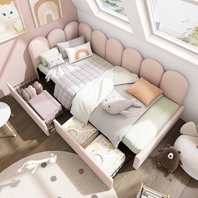 Merax Upholstered Bed Daybed With Drawers, 3FT Single Sofa Bed for Children in Pink - image 1