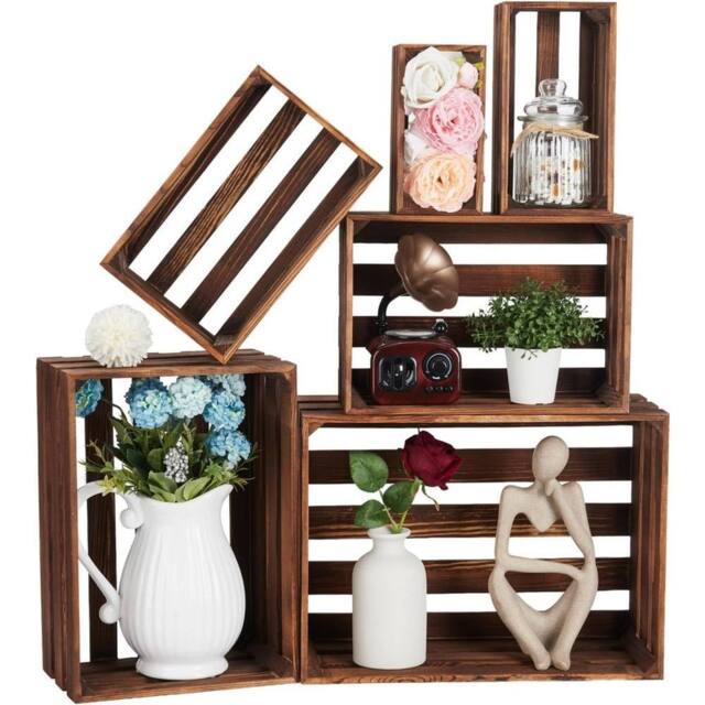 VOGREX 6 PCS Wooden Crates for Storage, Natural Wood Crates - Size: Medium - image 1