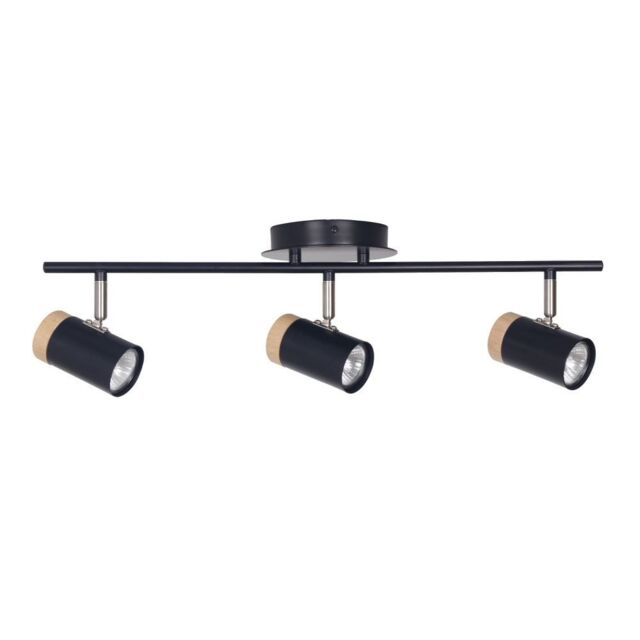 First Choice Lighting Stratton - Black with Wood Detail Three Way Spotlight - image 1