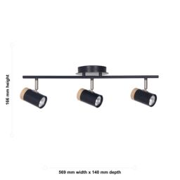 First Choice Lighting Stratton - Black with Wood Detail Three Way Spotlight - thumbnail 5
