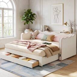 Matteo Bouclé Upholstered Daybed Sofa Bed - Beige & Pink - Size: Single - thumbnail 5
