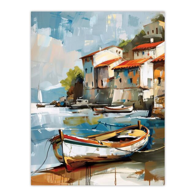 "Artery8 Fishing Village Oil Painting Boats Coastal Summer Wall Art Print in Blue - Size: W12"" x H16""" - image 1