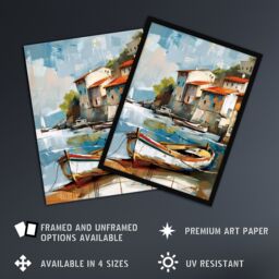 "Artery8 Fishing Village Oil Painting Boats Coastal Summer Wall Art Print in Blue - Size: W12"" x H16""" - thumbnail 2