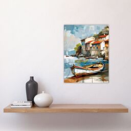 "Artery8 Fishing Village Oil Painting Boats Coastal Summer Wall Art Print in Blue - Size: W12"" x H16""" - thumbnail 4
