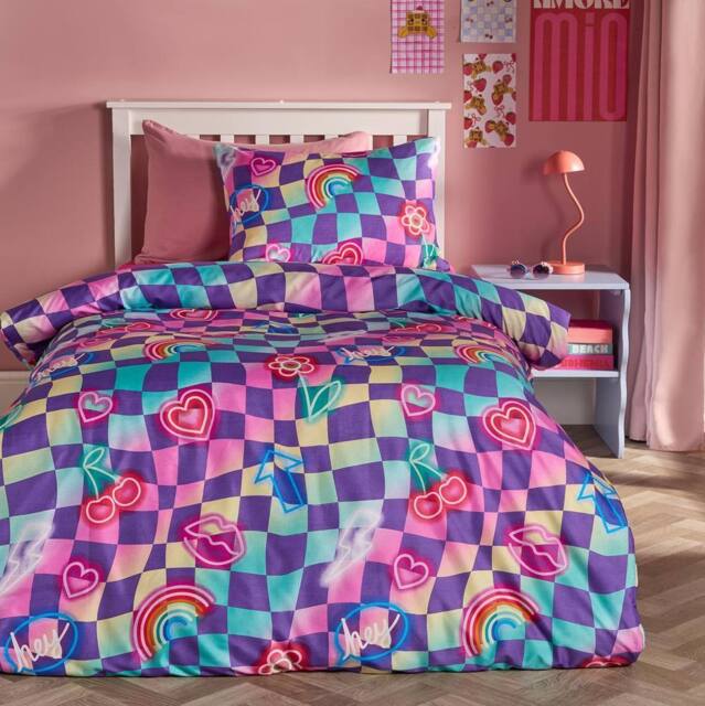 OHS Kids Neon Checkerboard Bedding Set Duvet Cover with Pillowcase - Size: Single - image 1