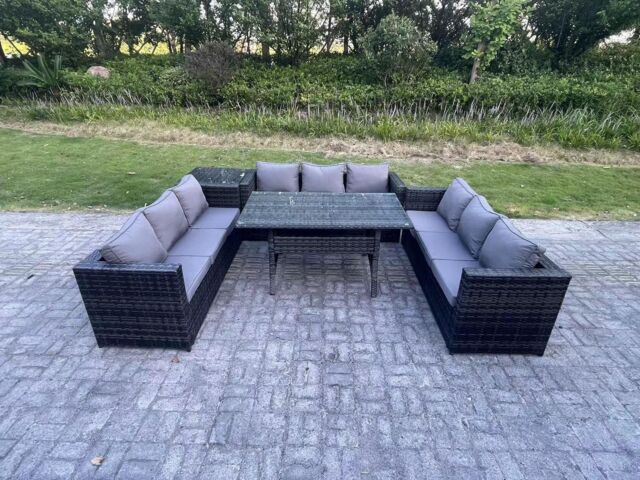 Fimous Outdoor Wicker Garden Furniture Rattan Lounge Sofa Set Patio Rectangular Dining Table Side Table 9 Seater in Dark Grey - image 1