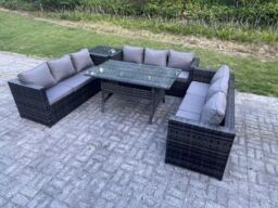 Fimous Outdoor Wicker Garden Furniture Rattan Lounge Sofa Set Patio Rectangular Dining Table Side Table 9 Seater in Dark Grey - thumbnail 2