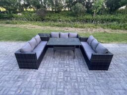 Fimous Outdoor Wicker Garden Furniture Rattan Lounge Sofa Set Patio Rectangular Dining Table Side Table 9 Seater in Dark Grey - thumbnail 1