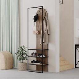 FWStyle Dark Oak Hallway Coat Rack With Shoe Storage in Brown