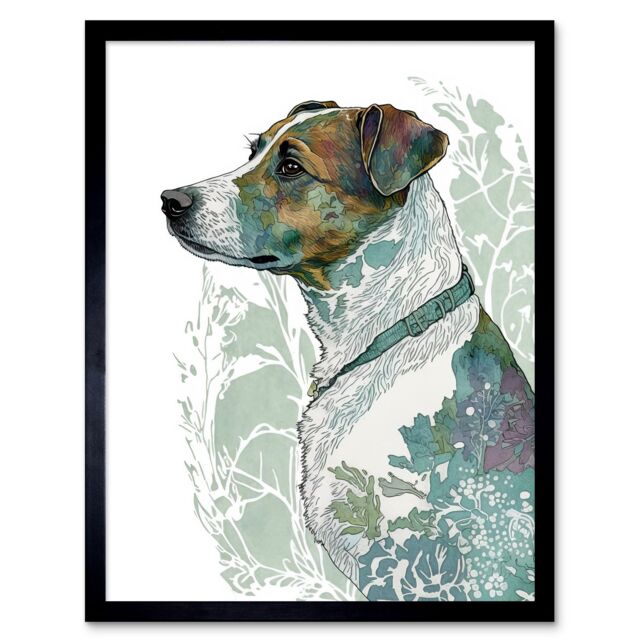"Artery8 Wall Art Print Jack Russel Dog Modern Watercolour Portrait Art Framed in Black - Size: W12"" x H16""" - image 1