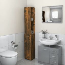 Berkfield Home Bathroom Cabinet Smoked Oak 25x26.5x170 cm Engineered Wood in Brown - thumbnail 1