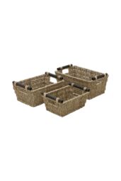 JVL Seagrass Set of 3 Tapered Storage Baskets with Wooden Handles in Natural