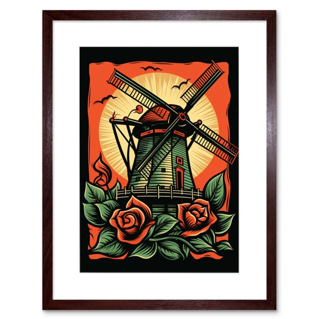"Artery8 Wall Art Print Dutch Windmill & Roses Tattoo Ink Body Art Rockabilly Americana 50s Artwork Framed 9X7 Inch in Brown - Size: W7"" x H9""" - image 1