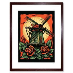"Artery8 Wall Art Print Dutch Windmill & Roses Tattoo Ink Body Art Rockabilly Americana 50s Artwork Framed 9X7 Inch in Brown - Size: W7"" x H9""" - thumbnail 1