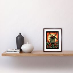 "Artery8 Wall Art Print Dutch Windmill & Roses Tattoo Ink Body Art Rockabilly Americana 50s Artwork Framed 9X7 Inch in Brown - Size: W7"" x H9""" - thumbnail 2