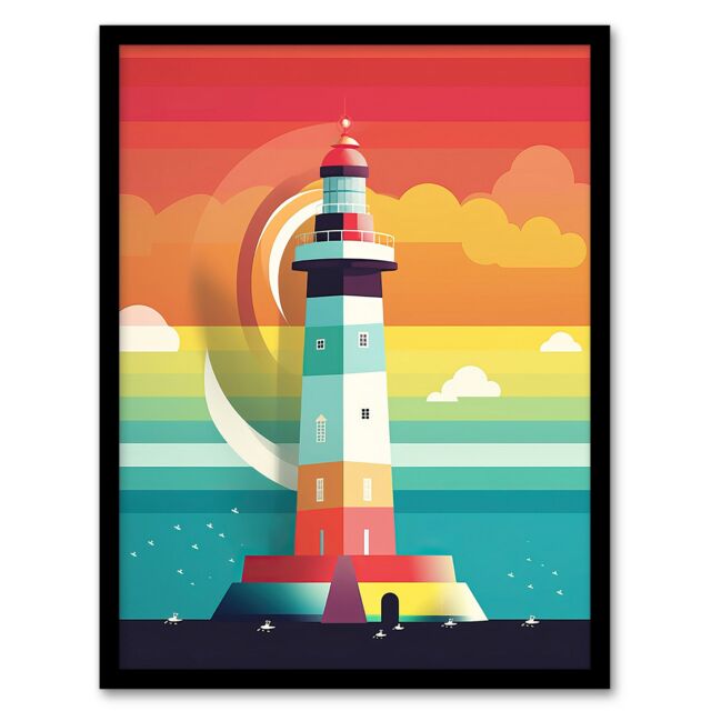 Artery8 Lighthouse Mid Century Modern Colourful Flat Style Bathroom Art Kids Cheerful Art Print Framed Poster Wall Decor 12x16 inch - image 1