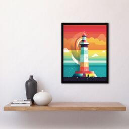 Artery8 Lighthouse Mid Century Modern Colourful Flat Style Bathroom Art Kids Cheerful Art Print Framed Poster Wall Decor 12x16 inch - thumbnail 4