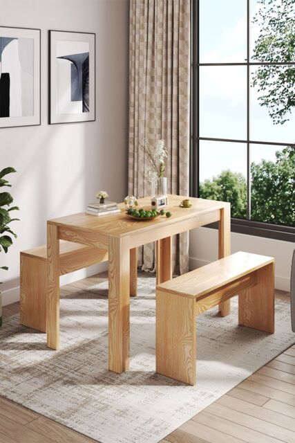 Living and Home 3Pcs Wooden Dining Room Table and Benches Dining Set Furniture Dining Table and Chairs in Brown - image 1
