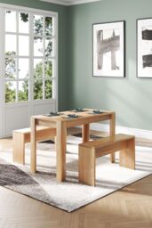 Living and Home 3Pcs Wooden Dining Room Table and Benches Dining Set Furniture Dining Table and Chairs in Brown - thumbnail 2
