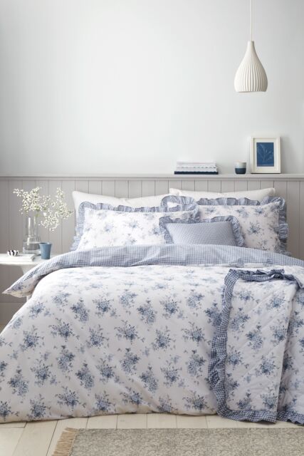 Catherine Lansfield 'Lucie Floral Frill' Reversible Duvet Cover Set in Blue - Size: Double - image 1