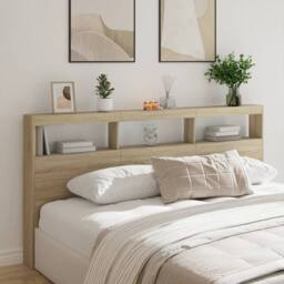 Berkfield Home Headboard Cabinet with LED Sonoma Oak 200x17x102 cm in Light Oak - Size: 200 x 17 x 102 cm - thumbnail 2