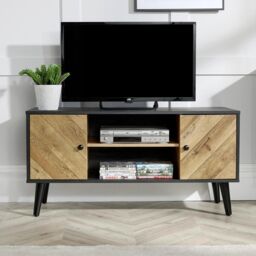 Home Source Dallas Herringbone 2 Door TV Stand Storage Unit in Black - thumbnail 3